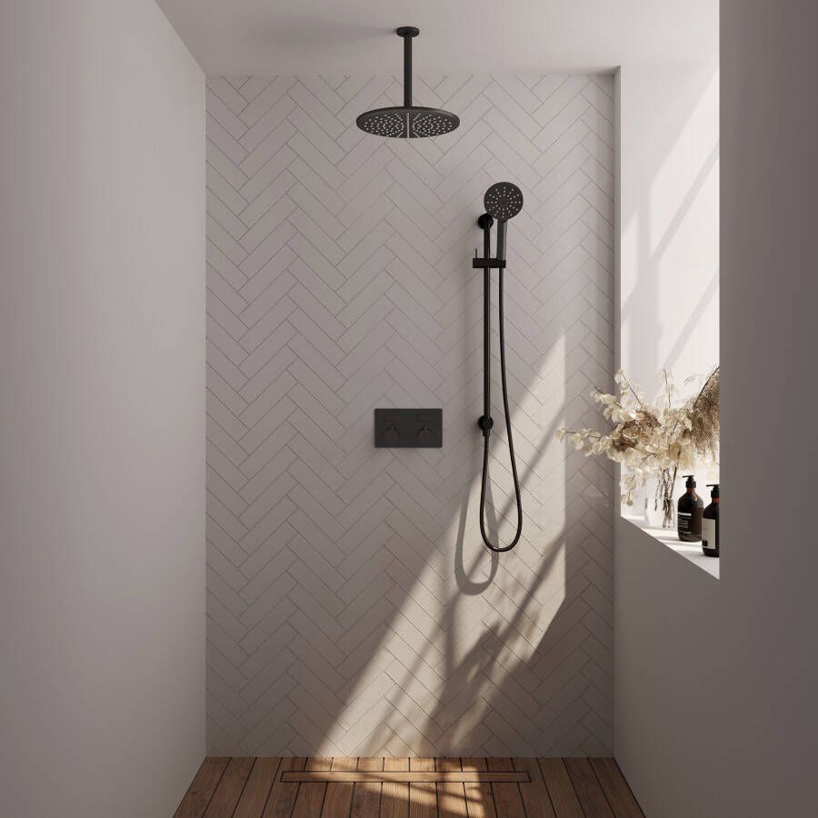 Brauer Black Edition inbouw doucheset met drukknoppen hoofddouche 30cm plafondarm 3-standen handdouche glijstang mat zwart