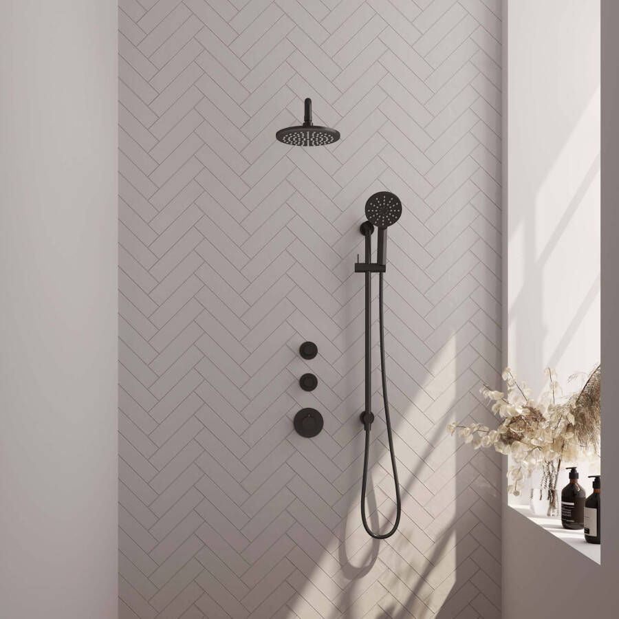 Brauer Inbouw Regendouche Set Black Edition Gebogen Wanduitloop Ronde Hoofddouche 20 cm Met Twee Stopkranen en Handdouche 3 Standen Mat Zwart - Foto 3