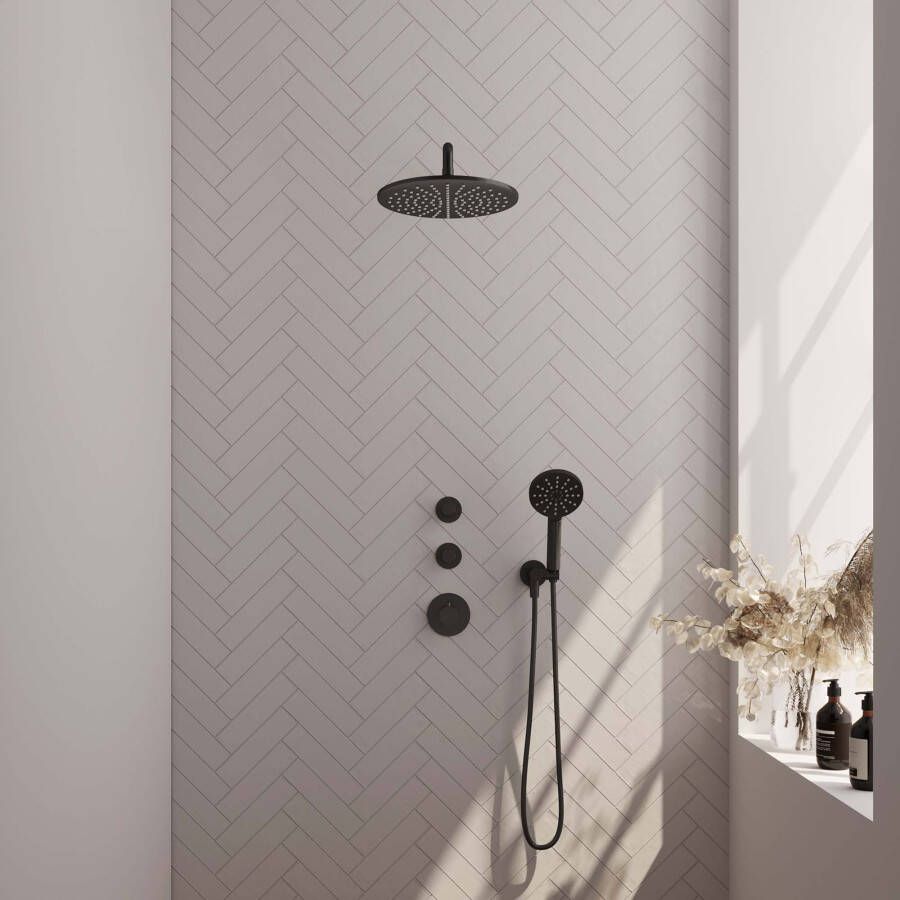 Brauer Black Edition Regendoucheset inbouw hoofddouche 30cm Wandarm glijstang met inbouwdeel Gladde knoppen handdouche Rond 1 stand mat zwart 5-S-081 - Foto 2