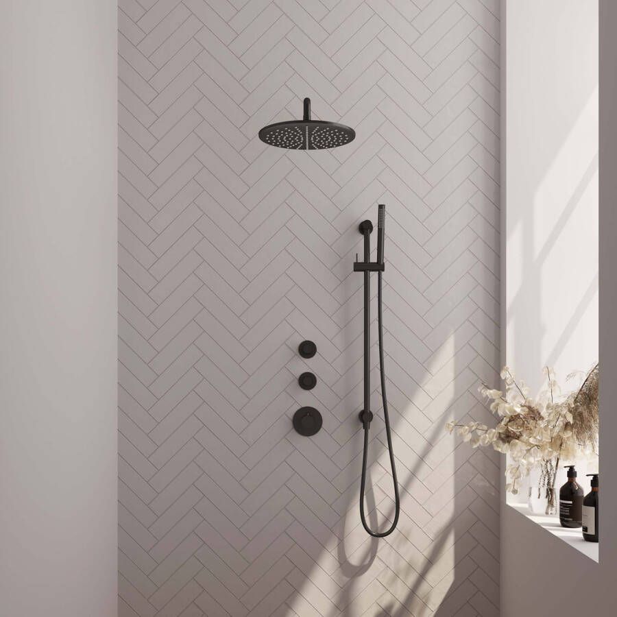 BRAUER Black Edition Regendoucheset inbouw hoofddouche 30cm Wandarm met inbouwdeel Gladde knoppen handdouche Staaf 1 stand mat zwart 5-S-075 - Foto 2