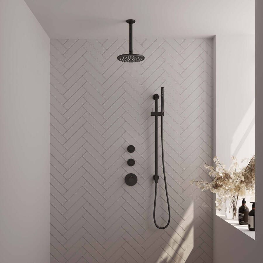 Brauer Thermostatische inbouw regendouche SET met 20 cm douchekop plafondarm handdouche doucheslang en wandaansluitbocht mat zwart