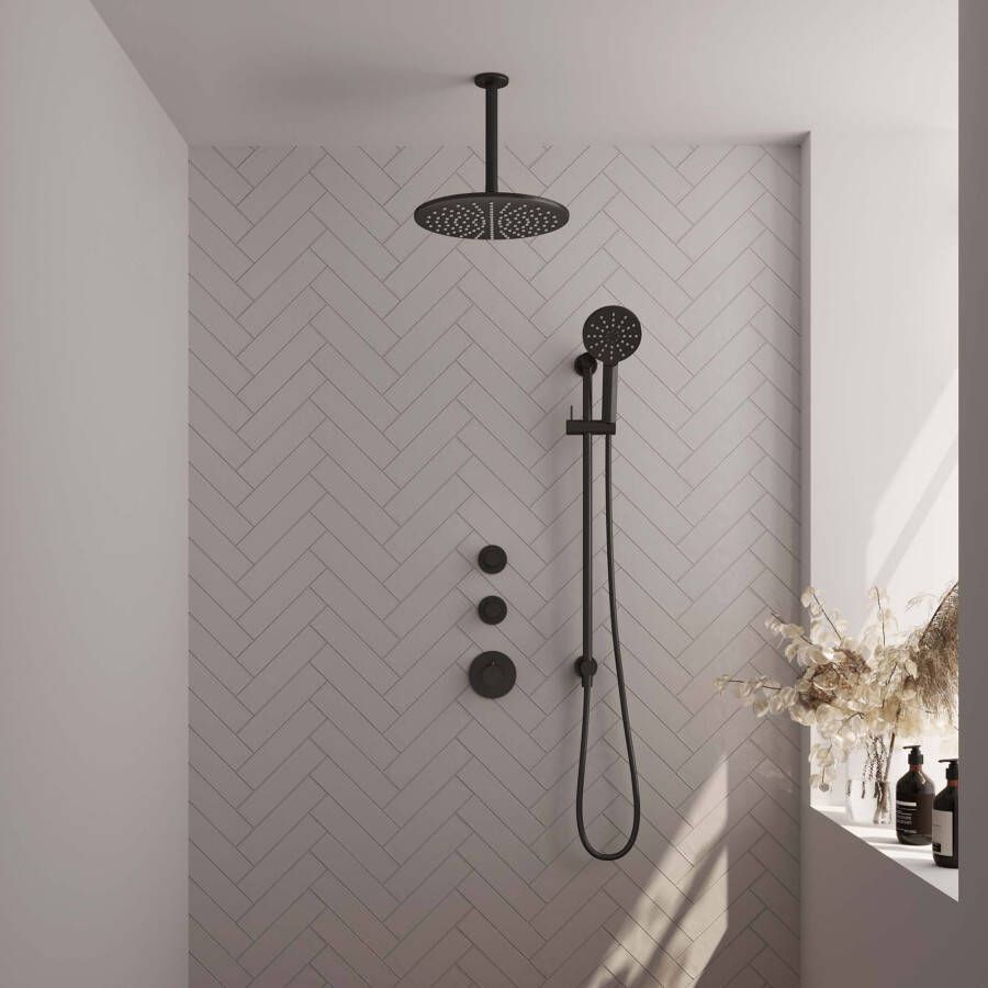 Brauer Black Edition thermostatische inbouw regendouche SET 24 30 cm douchekop plafondarm 3-standen handdouche doucheslang en geïntegreerde glijstang (mat zwart)