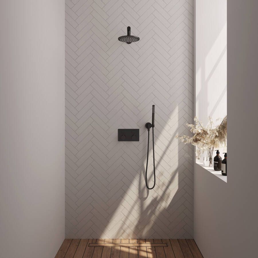 Brauer Black Edition thermostatische inbouw regendouche met drukknoppen SET 49 met 20 cm douchekop en rechte muurarm en staaf handdouche en doucheslang en wandaansluitbocht mat zwart