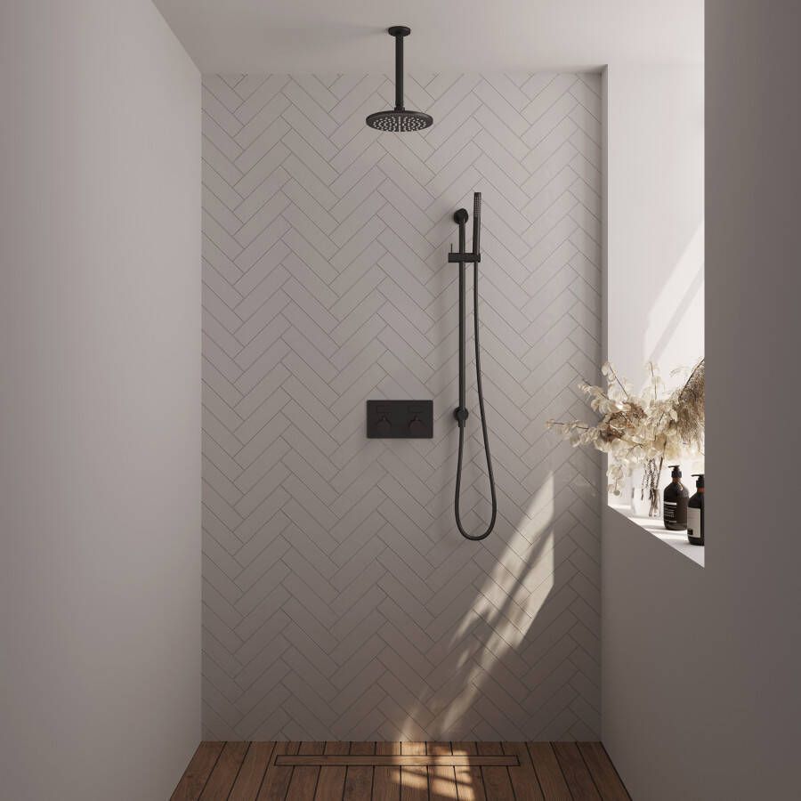 Brauer Black Edition thermostatische inbouw regendouche met drukknoppen SET 65 met 20 cm douchekop en plafondarm en staaf handdouche en doucheslang en geïntegreerde glijstang mat zwart
