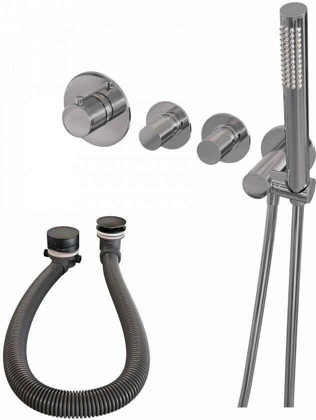 Brauer Badkraan Chrome Carving Set 02 Thermostatisch Inbouw Rond Glans Chroom met Badvulcombinatie Wandaansluitbocht en Handdouche 3 Standen - Foto 3