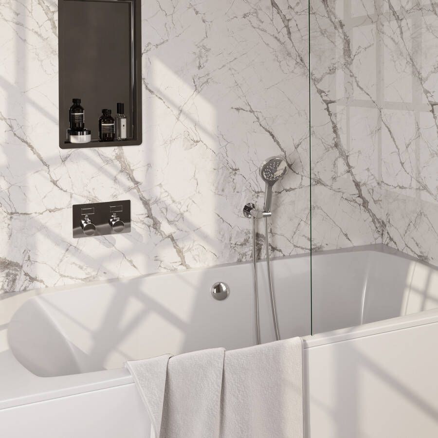 Brauer Chrome Edition thermostatische inbouw badkraan met drukknoppen SET 04 met badvulcombinatie en 3-standen handdouche en doucheslang en wandaansluitbocht chroom