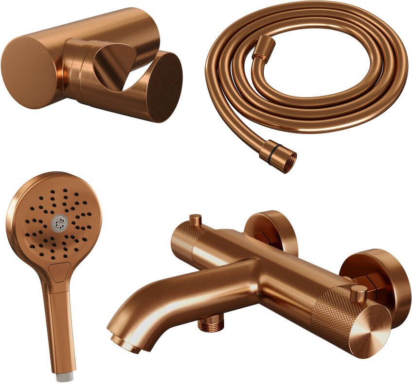 Brauer Badkraan Copper Carving Set 04 Thermostatisch Opbouw Rond Geborsteld Koper PVD 2 Greeps met Wandhouder en Handdouche 3 Standen - Foto 2