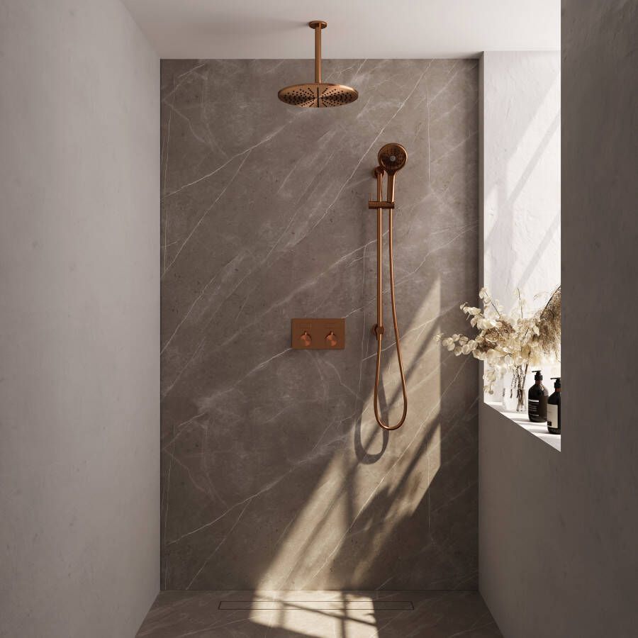 Brauer Copper Carving thermostatische inbouw regendouche met drukknoppen SET 72 met 30 cm douchekop en plafondarm en 3-standen handdouche en doucheslang en geïntegreerde glijstang koper geborsteld PVD