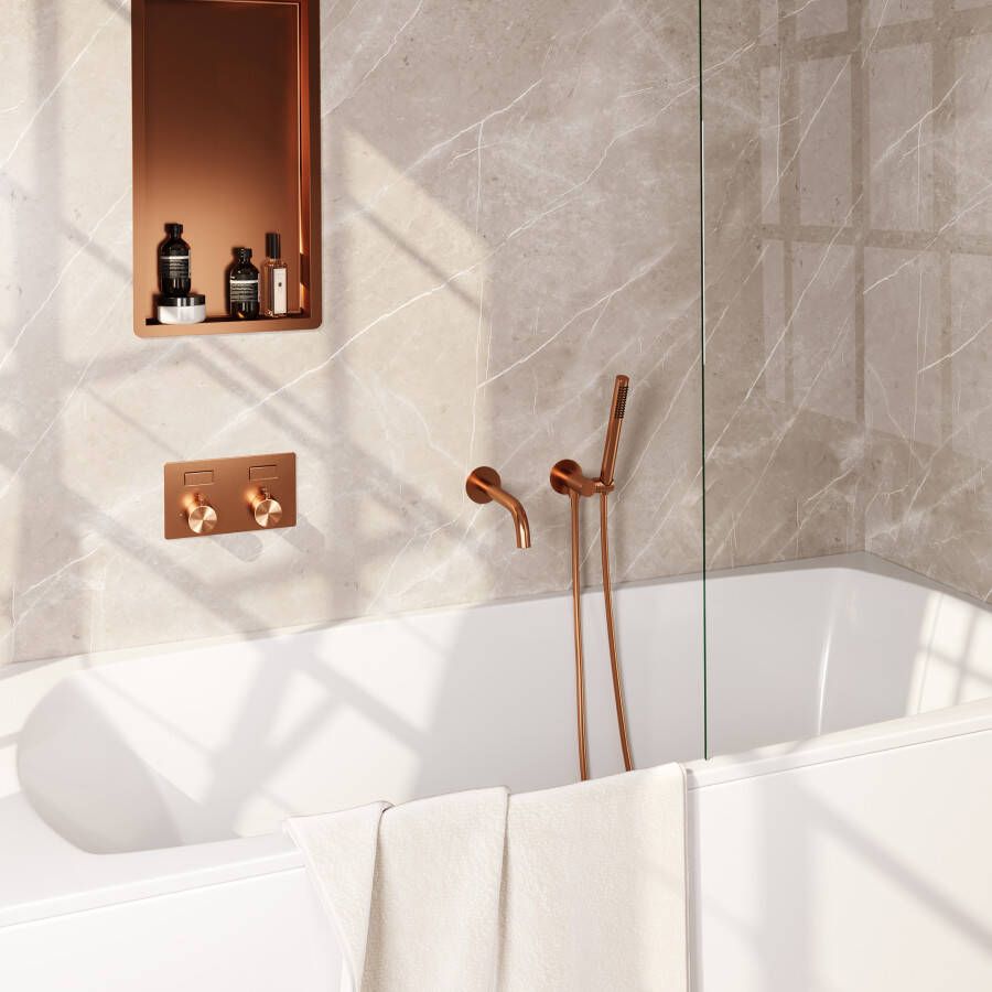 Brauer Copper Edition thermostatische inbouw badkraan met drukknoppen SET 03 met uitloop en staaf handdouche en doucheslang en wandaansluitbocht koper geborsteld PVD - Foto 1