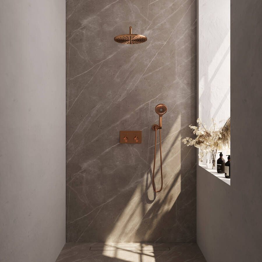 Brauer Copper Edition thermostatische inbouw regendouche met drukknoppen SET 58 met 30 cm douchekop en gebogen muurarm en 3-standen handdouche en doucheslang en wandaansluitbocht koper geborsteld PVD