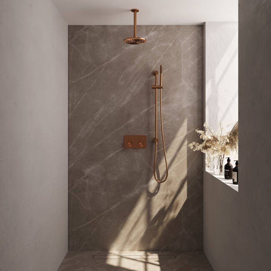 Brauer Copper Edition thermostatische inbouw regendouche met drukknoppen SET 65 met 20 cm douchekop en plafondarm en staaf handdouche en doucheslang en geïntegreerde glijstang koper geborsteld PVD