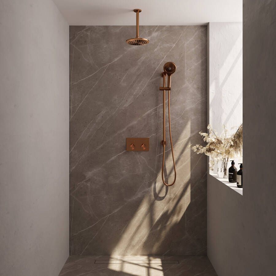 Brauer Copper Edition thermostatische inbouw regendouche met drukknoppen SET 71 met 20 cm douchekop en plafondarm en 3-standen handdouche en doucheslang en geïntegreerde glijstang koper geborsteld PVD