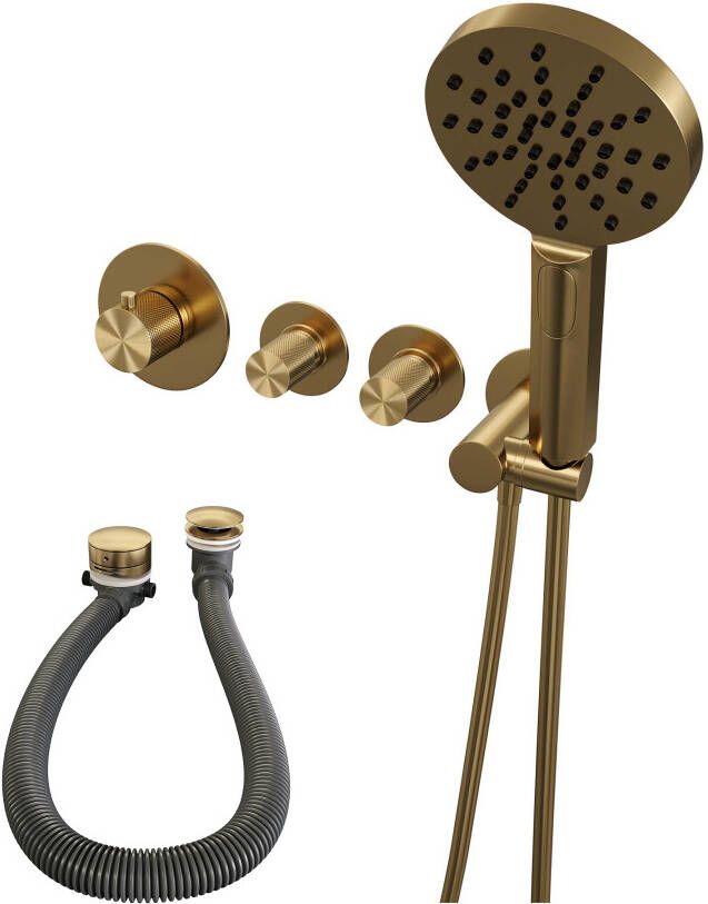 Brauer Badkraan Gold Carving Set 02 Thermostatisch Inbouw Rond Geborsteld Goud PVD met Badvulcombinatie Wandaansluitbocht en Handdouche 3 Standen - Foto 2