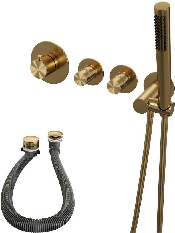 Brauer Gold Edition inbouw badthermostaat met badafvoer vulcombinatie staafhanddouche geborsteld goud PVD