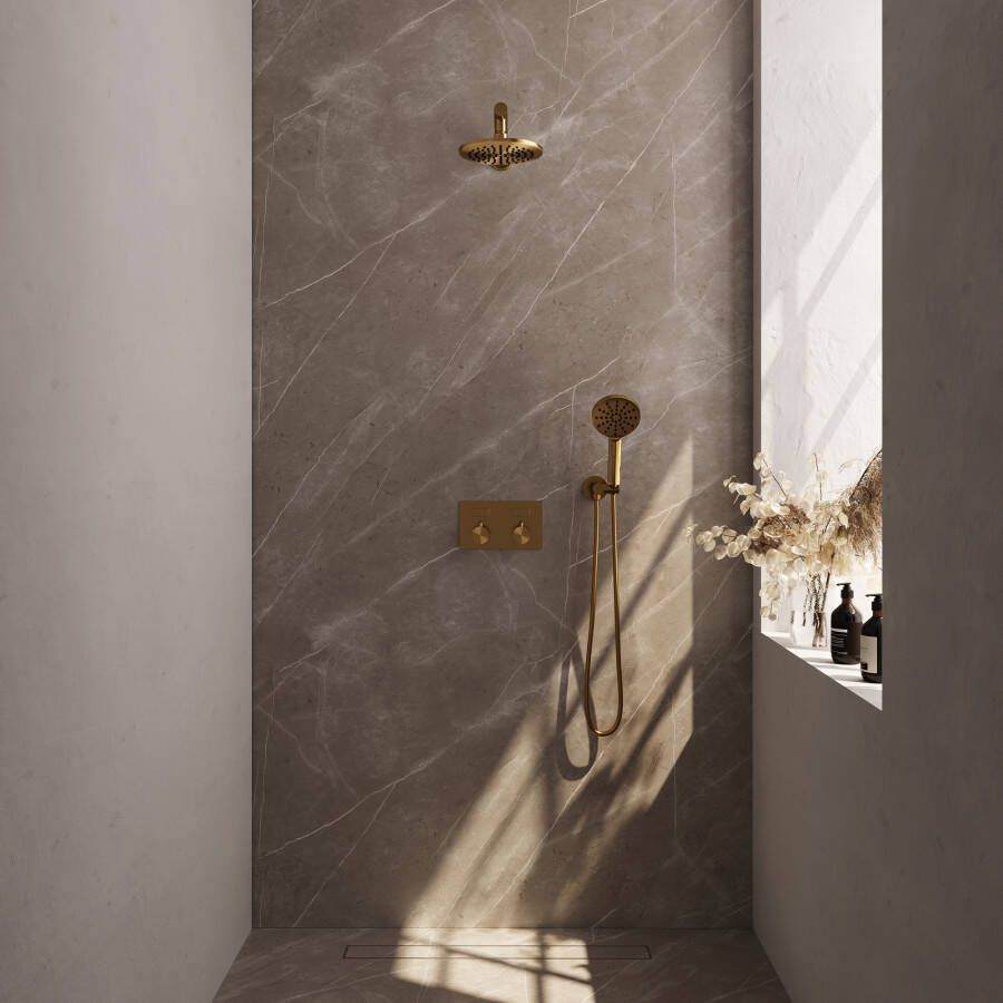 Brauer Gold Edition thermostatische inbouw regendouche met drukknoppen SET 55 met 20 cm douchekop en rechte muurarm en 3-standen handdouche en doucheslang en wandaansluitbocht goud geborsteld PVD