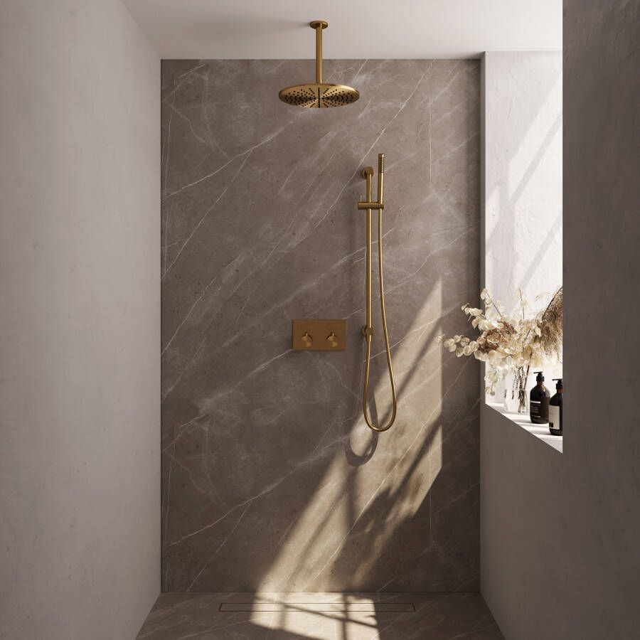 Brauer Gold Edition thermostatische inbouw regendouche met drukknoppen SET 66 met 30 cm douchekop en plafondarm en staaf handdouche en doucheslang en geïntegreerde glijstang goud geborsteld PVD