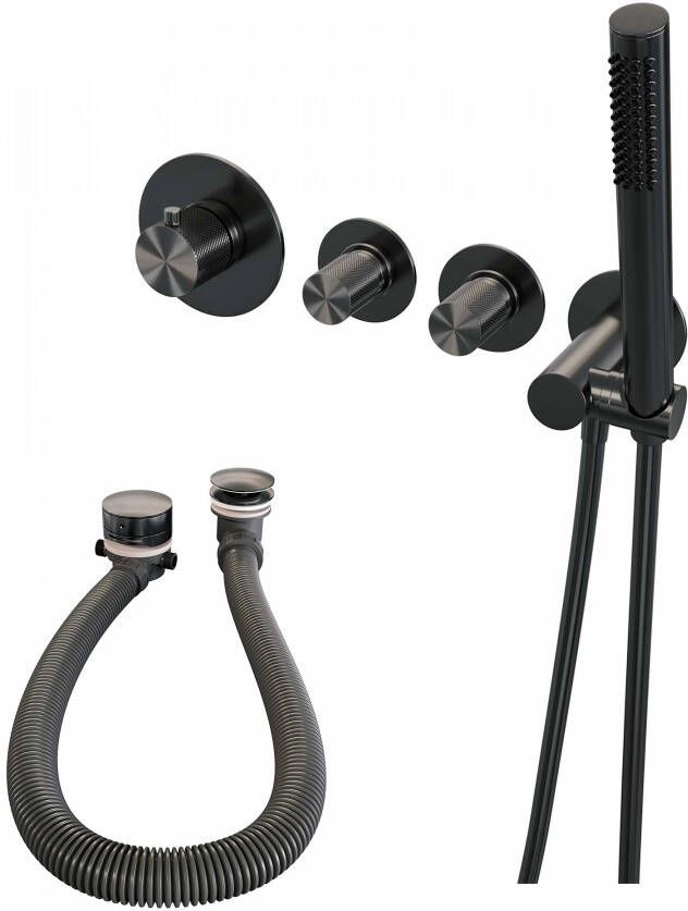 Brauer Gunmetal Carving thermostatische inbouw badkraan SET 01 compleet met badvulcombinatie staaf handdouche doucheslang en wandaansluitbocht gunmetal geborsteld PVD - Foto 3