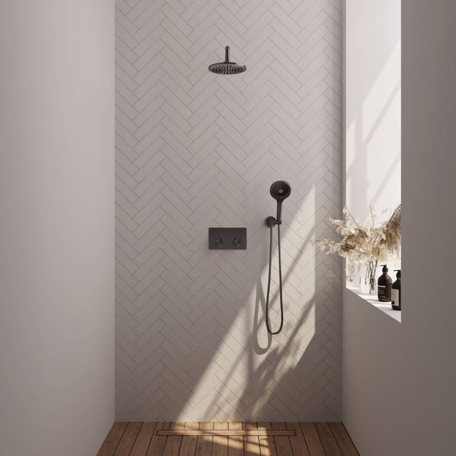 Brauer Gunmetal Carving thermostatische inbouw regendouche met drukknoppen SET 57 met 20 cm douchekop en gebogen muurarm en 3-standen handdouche en doucheslang en wandaansluitbocht gunmetal geborsteld PVD