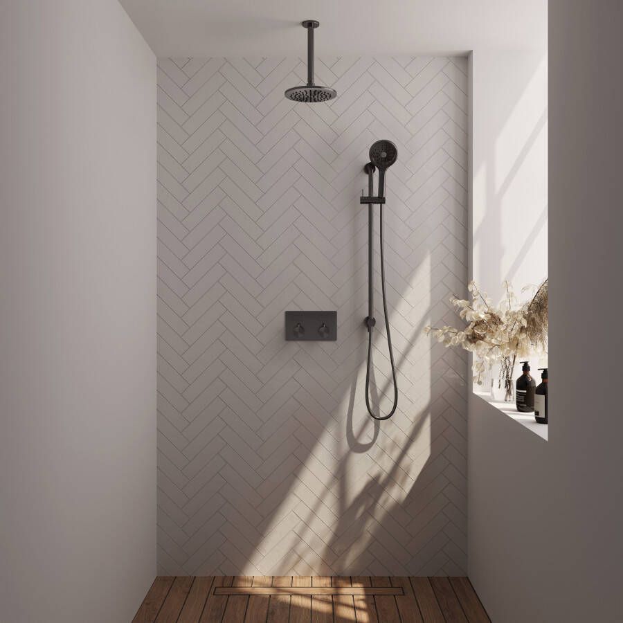 Brauer Gunmetal Carving thermostatische inbouw regendouche met drukknoppen SET 71 met 20 cm douchekop en plafondarm en 3-standen handdouche en doucheslang en geïntegreerde glijstang gunmetal geborsteld PVD