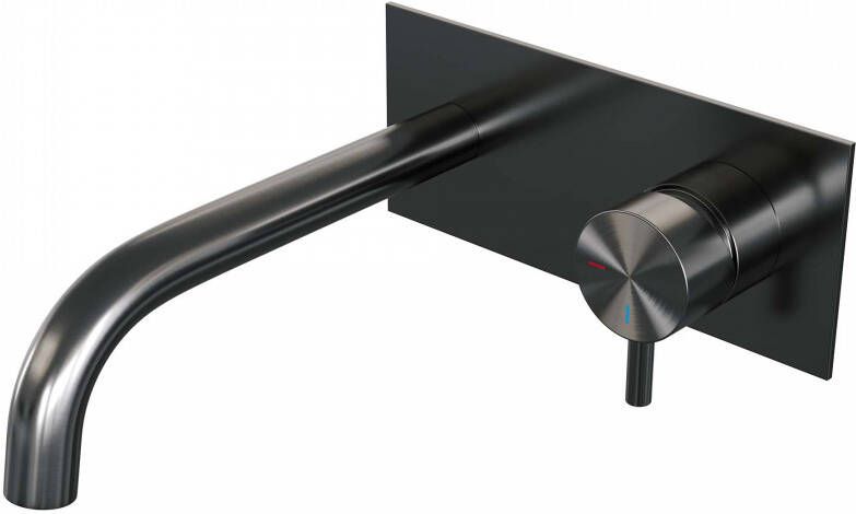 Brauer Gunmetal Edition Wastafelmengkraan inbouw gebogen uitloop links korte smalle gladde hendel afdekplaat model B 1 PVD geborsteld gunmetal 5-GM-004-B5