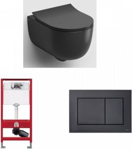 Clou Hammock toiletset hangtoilet Rimless Slimseat mat zwart met Tece reservoir bedieningsplaat mat zwart