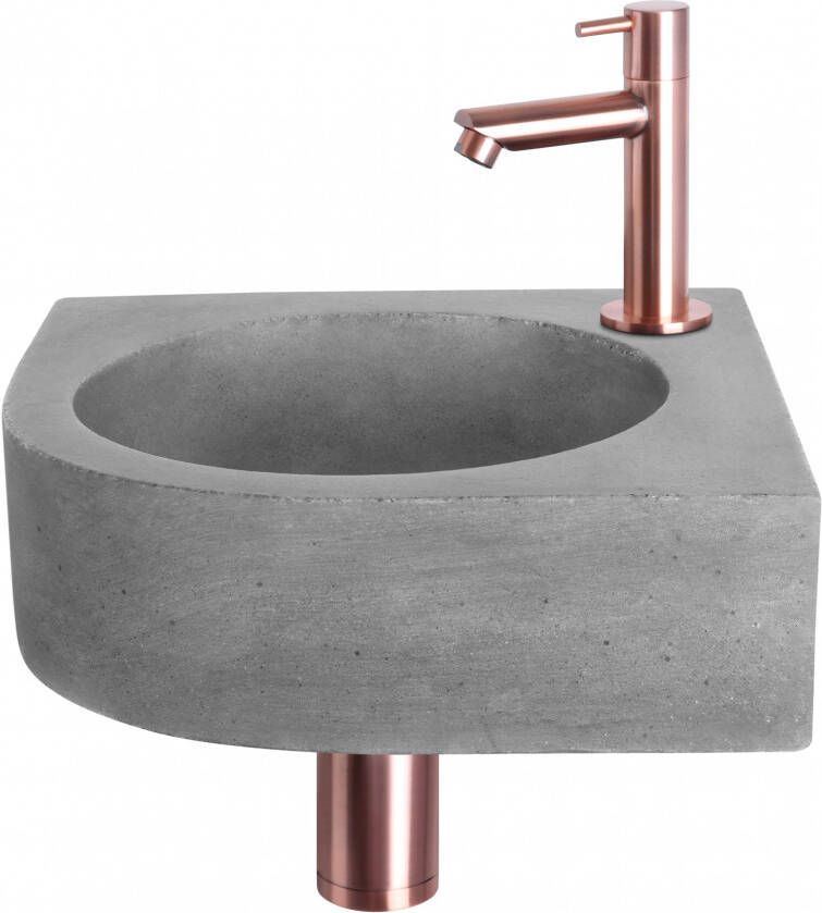 Differnz Cleo fonteinset 31.5x31.5x10cm Kwartrond 1 kraangat Recht rose koper kraan Beton Grijs 38.401.28