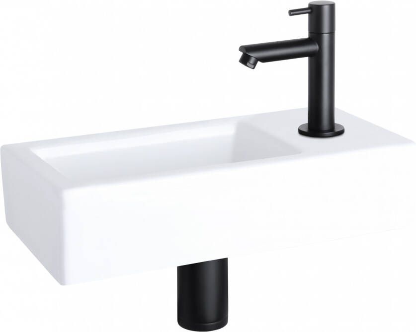 Differnz Fonteinset Ravo Rechthoek 38.5x18.5x9 Keramiek Wit Rechte Toiletkraan Clickwaste Sifon Mat Zwart