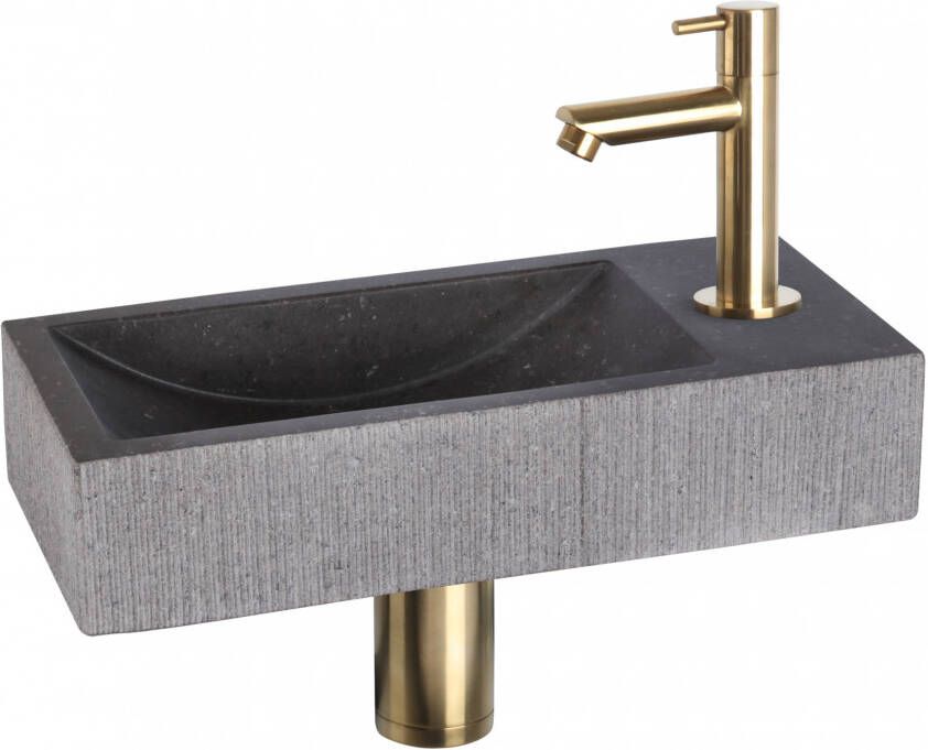 Differnz Ribble fonteinset 38x18x8cm Rechthoek 1 kraangat recht goud matte kraan natuursteen zwart 38.402.27 - Foto 2