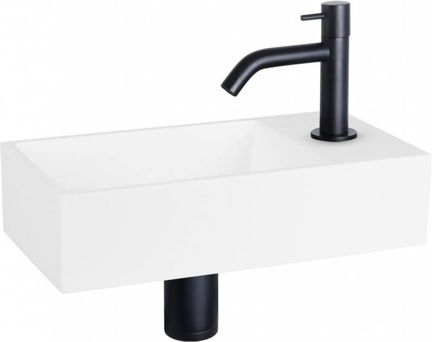 Differnz Solid fonteinset 36x18.5x9cm Rechthoek 1 kraangat Gebogen zwart matte kraan Solid surface Wit 38.402.28