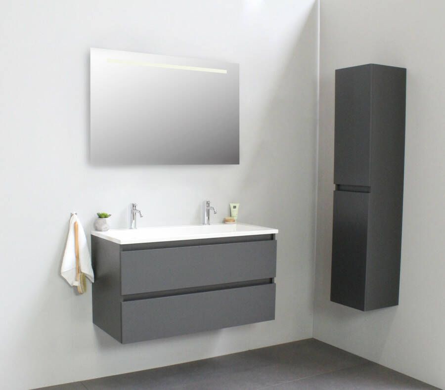 Bewonen Luuk badmeubel 100cm acryl wastafel 2 kraangaten mat antraciet met LED spiegel geassembleerd