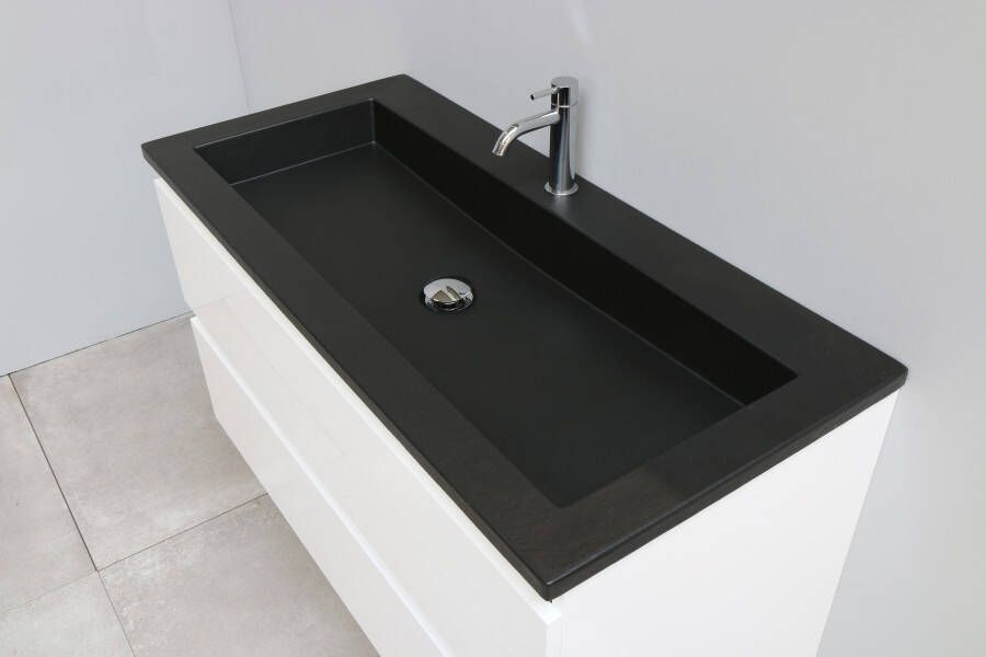 Bewonen Luuk badmeubel 100cm acryl wastafel Slade zwart 1 kraangat hoogglans wit met spiegel geassembleerd