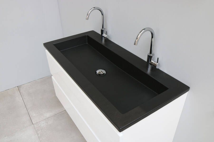 Bewonen Luuk badmeubel 100cm acryl wastafel Slade zwart 2 kraangaten hoogglans wit met spiegelkast geassembleerd