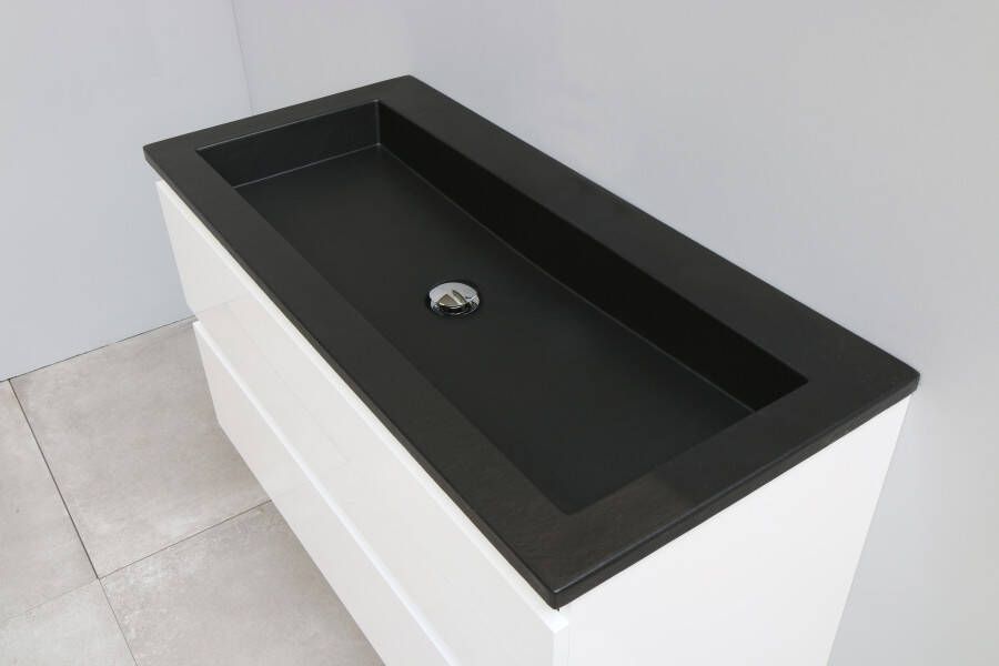 Bewonen Luuk badmeubel 100cm acryl wastafel Slade zwart zonder kraangat hoogglans wit met spiegel geassembleerd