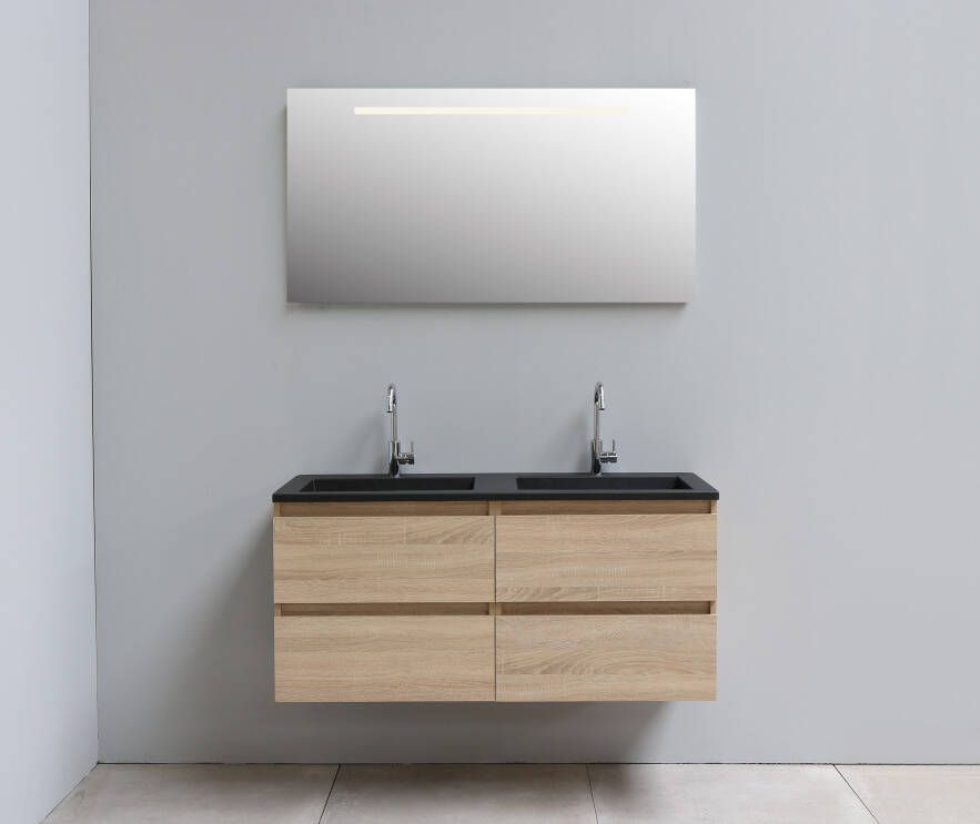 Bewonen Luuk badmeubel 120cm acryl wastafel Slade zwart 2 kraangaten eiken met LED spiegel geassembleerd