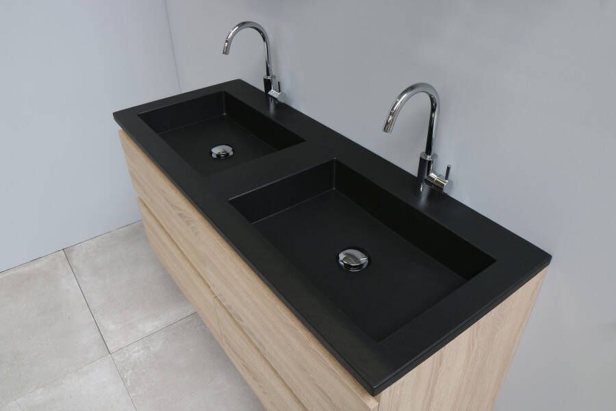 Bewonen Luuk badmeubel 120cm acryl wastafel Slade zwart 2 kraangaten eiken met spiegelkast geassembleerd