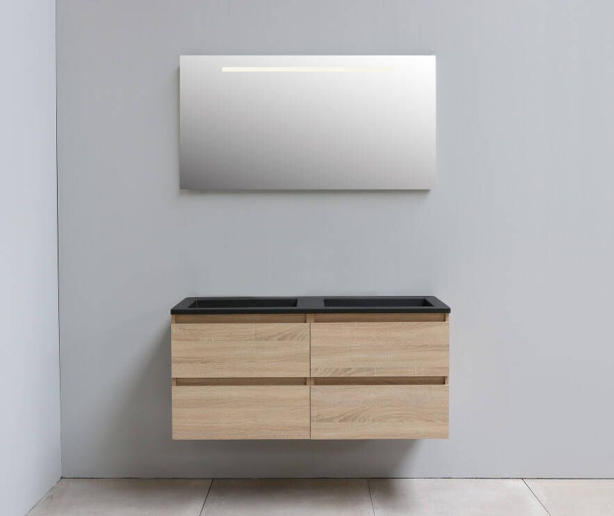 Bewonen Luuk badmeubel 120cm acryl wastafel Slade zwart zonder kraangat eiken met LED spiegel geassembleerd