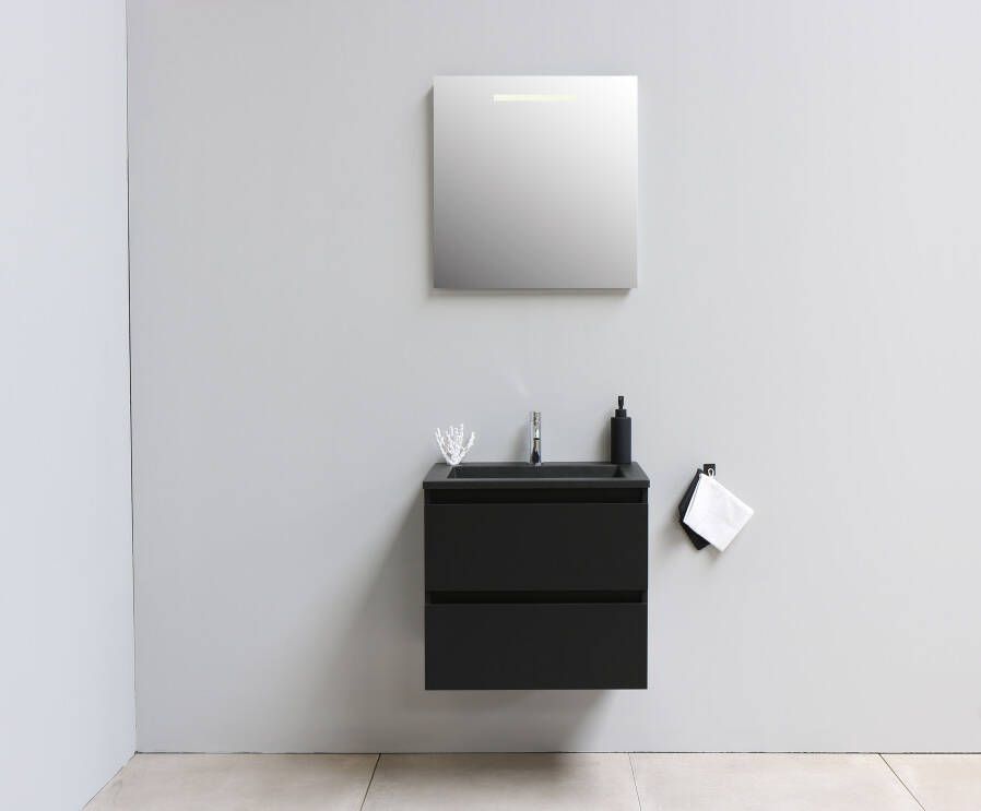 Bewonen Luuk badmeubel 60cm acryl wastafel Slade zwart 1 kraangat mat zwart met LED spiegel geassembleerd
