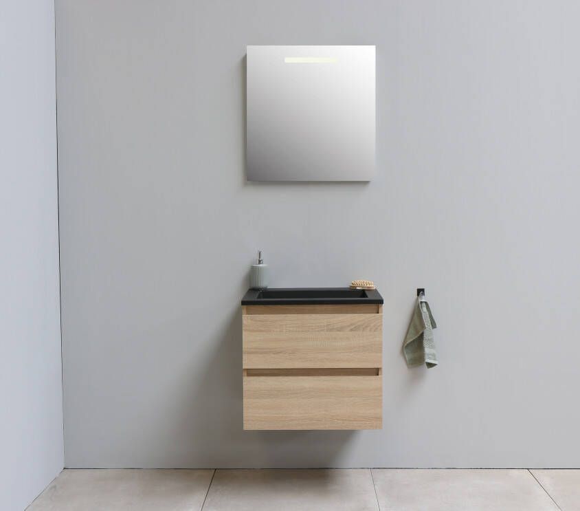 Bewonen Luuk badmeubel 60cm acryl wastafel Slade zwart zonder kraangat eiken met LED spiegel geassembleerd