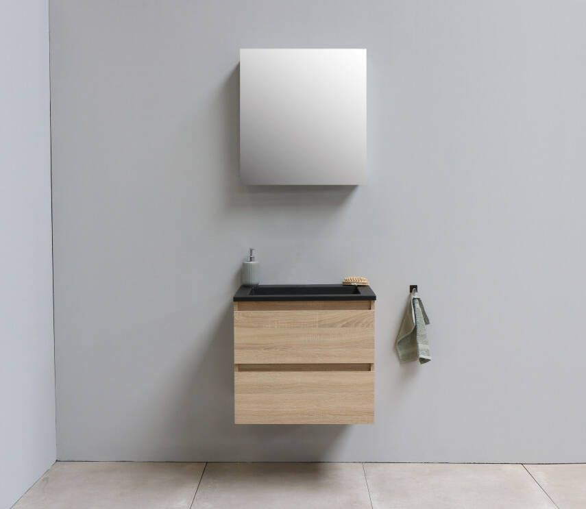 Bewonen Luuk badmeubel 60cm acryl wastafel Slade zwart zonder kraangat eiken met spiegelkast bouwpakket