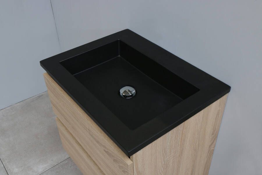 Bewonen Luuk badmeubel 60cm acryl wastafel Slade zwart zonder kraangat eiken met spiegelkast bouwpakket