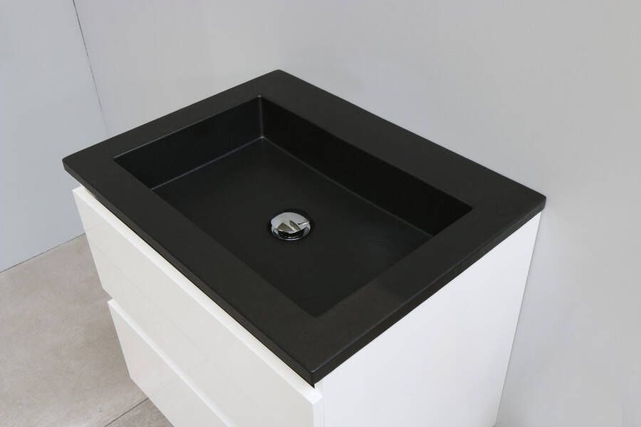 Bewonen Luuk badmeubel 60cm acryl wastafel Slade zwart zonder kraangat hoogglans wit met spiegelkast geassembleerd