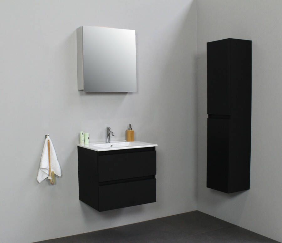 Bewonen Luuk badmeubel 60cm keramische wastafel 1 kraangat mat zwart met spiegelkast geassembleerd