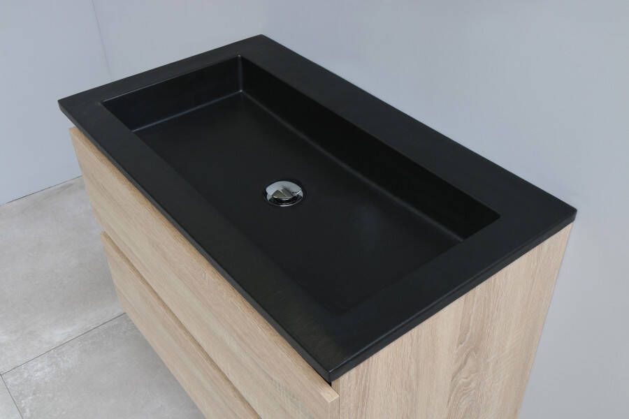 Bewonen Luuk badmeubel 80cm acryl wastafel Slade zwart zonder kraangat eiken met spiegelkast bouwpakket