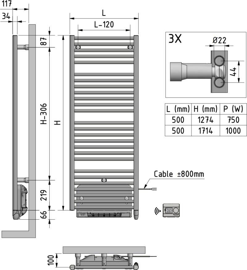 Blinq Helvia elektrische radiator met blower 127 4x50 cm 1700W wit