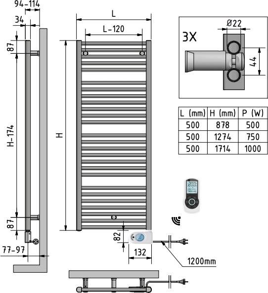 Blinq Nador elektrische radiator met afstandbediening 50x127 4cm 750w wit