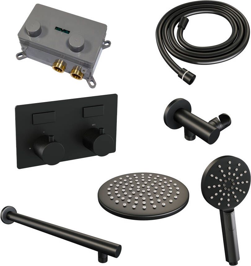 Brauer Black Carving thermostatische inbouw regendouche met drukknoppen SET 55 met 20 cm douchekop en rechte muurarm en 3-standen handdouche en doucheslang en wandaansluitbocht mat zwart
