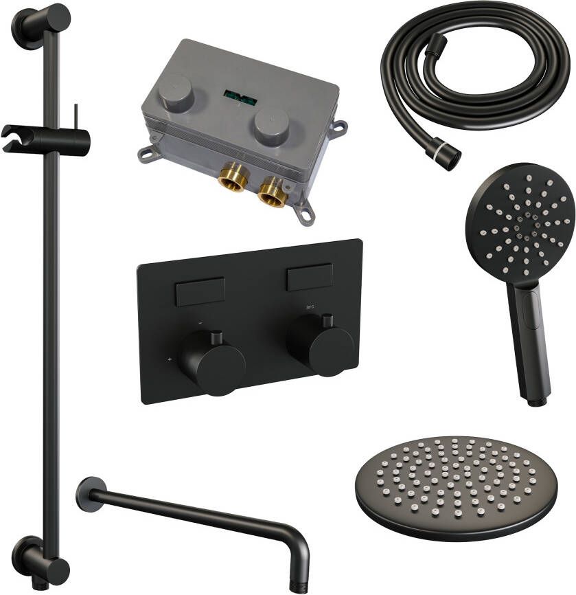 Brauer Black Carving thermostatische inbouw regendouche met drukknoppen SET 69 met 20 cm douchekop en gebogen muurarm en 3-standen handdouche en doucheslang en geïntegreerde glijstang mat zwart