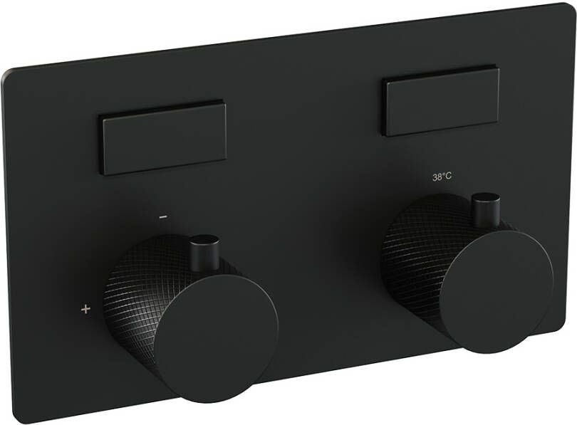 Brauer Black Carving thermostatische inbouw regendouche met drukknoppen SET 69 met 20 cm douchekop en gebogen muurarm en 3-standen handdouche en doucheslang en geïntegreerde glijstang mat zwart