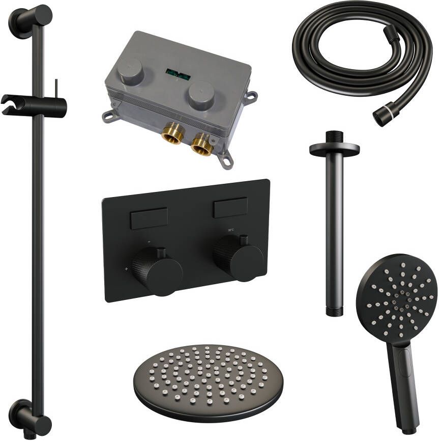 Brauer Black Carving thermostatische inbouw regendouche met drukknoppen SET 71 met 20 cm douchekop en plafondarm en 3-standen handdouche en doucheslang en geïntegreerde glijstang mat zwart
