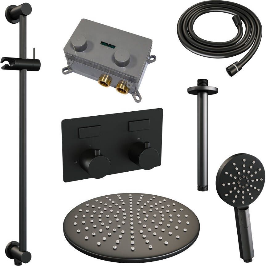 Brauer Black Edition inbouw doucheset met drukknoppen hoofddouche 30cm plafondarm 3-standen handdouche glijstang mat zwart